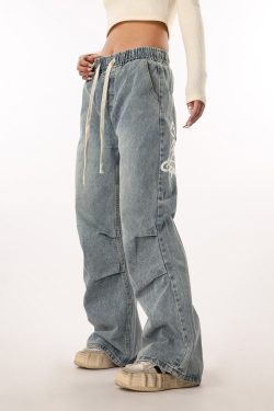 Vintage Wash Distressed Elastic Waist Women's Wide-Leg Jeans - Casual Straight Fit Beer Team Captain Style