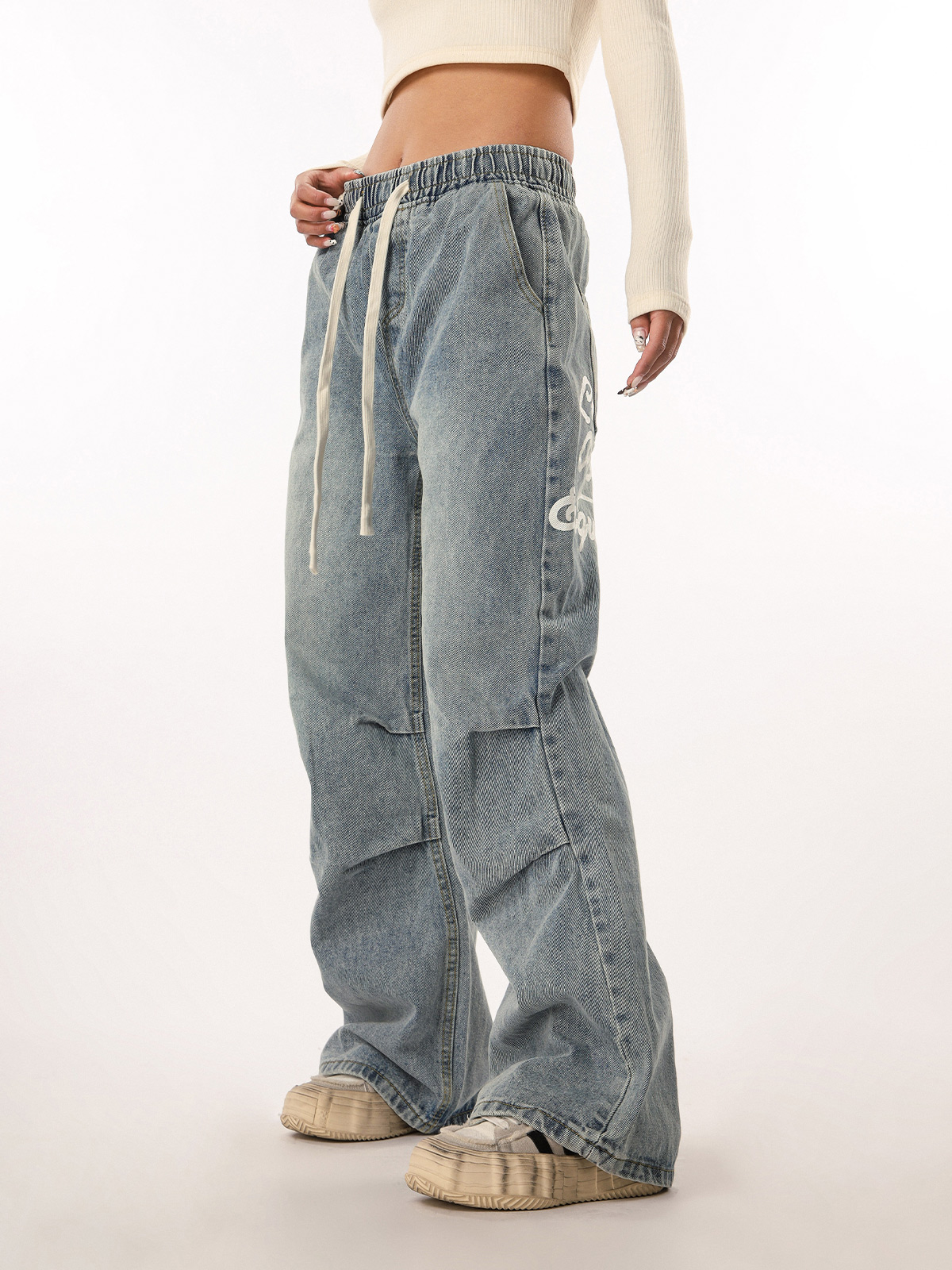 Vintage Wash Distressed Elastic Waist Women's Wide-Leg Jeans - Casual Straight Fit Beer Team Captain Style Vintage Wash Distressed Elastic Waist Women's Wide-Leg Jeans - Casual Straight Fit Beer Team Captain Style