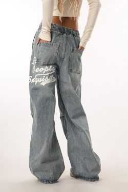 Vintage Wash Distressed Elastic Waist Women's Wide-Leg Jeans - Casual Straight Fit Beer Team Captain Style
