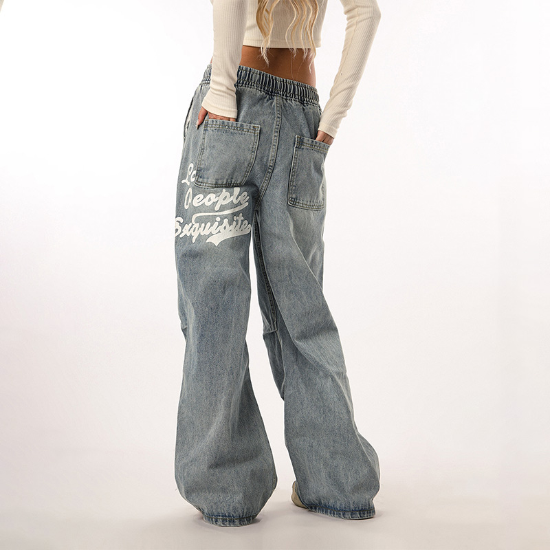 Vintage Wash Distressed Elastic Waist Women's Wide-Leg Jeans - Casual Straight Fit Beer Team Captain Style Vintage Wash Distressed Elastic Waist Women's Wide-Leg Jeans - Casual Straight Fit Beer Team Captain Style