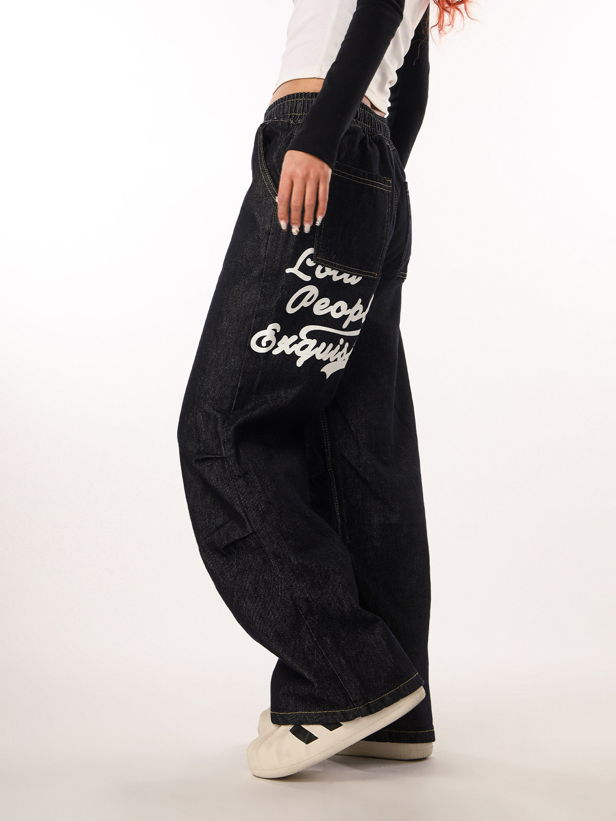 Vintage Wash Distressed Elastic Waist Women's Wide-Leg Jeans - Casual Straight Fit Beer Team Captain Style Vintage Wash Distressed Elastic Waist Women's Wide-Leg Jeans - Casual Straight Fit Beer Team Captain Style