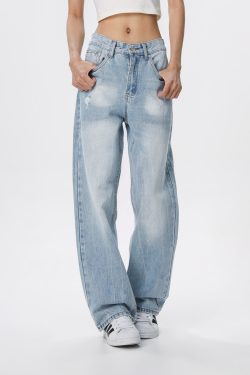 Vintage Wash Distressed Light Blue Straight Leg Jeans for Women | Wide Leg Pants Inspired by 90s American Casual Style