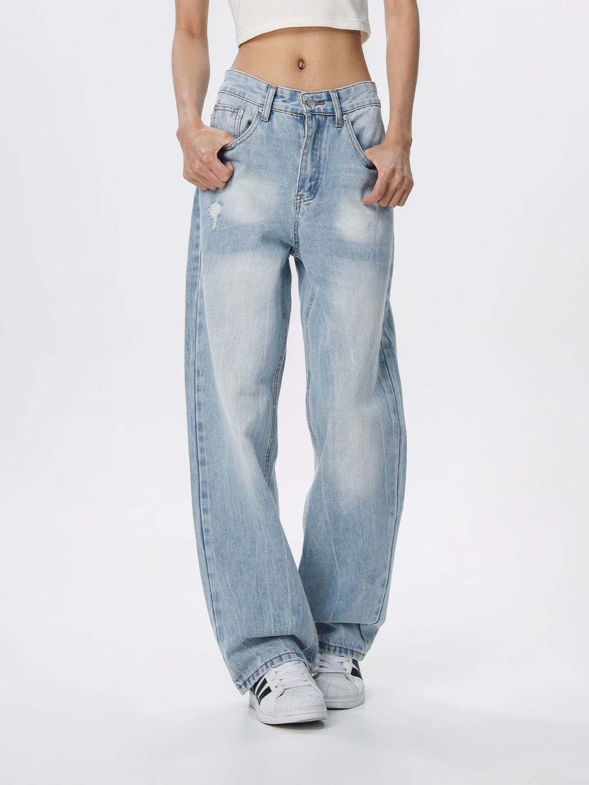 Vintage Wash Distressed Light Blue Straight Leg Jeans for Women | Wide Leg Pants Inspired by 90s American Casual Style Vintage Wash Distressed Light Blue Straight Leg Jeans for Women | Wide Leg Pants Inspired by 90s American Casual Style