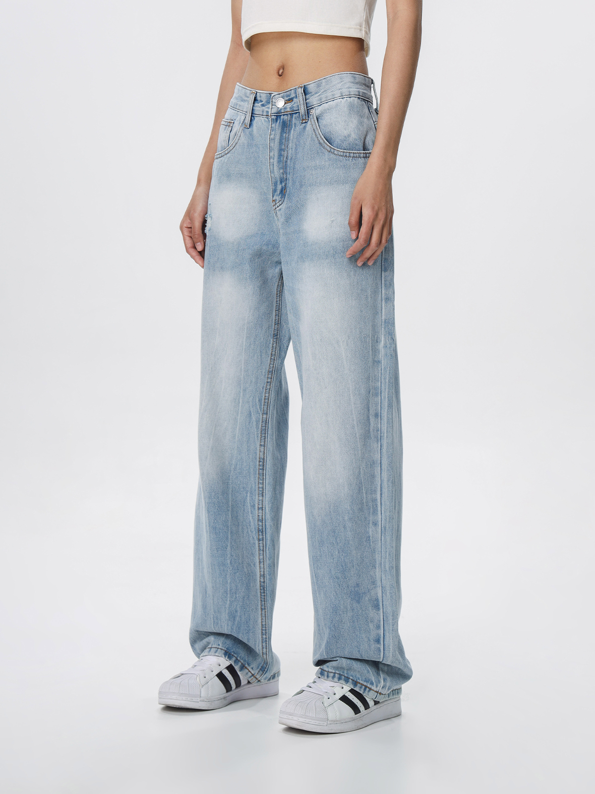 Vintage Wash Distressed Light Blue Straight Leg Jeans for Women | Wide Leg Pants Inspired by 90s American Casual Style Vintage Wash Distressed Light Blue Straight Leg Jeans for Women | Wide Leg Pants Inspired by 90s American Casual Style