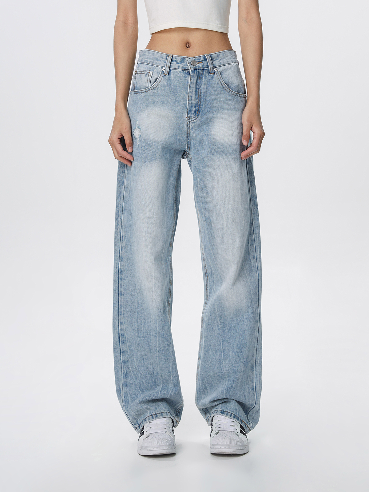 Vintage Wash Distressed Light Blue Straight Leg Jeans for Women | Wide Leg Pants Inspired by 90s American Casual Style Vintage Wash Distressed Light Blue Straight Leg Jeans for Women | Wide Leg Pants Inspired by 90s American Casual Style