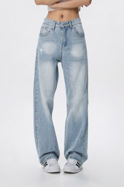 Vintage Wash Distressed Light Blue Straight Leg Jeans for Women | Wide Leg Pants Inspired by 90s American Casual Style