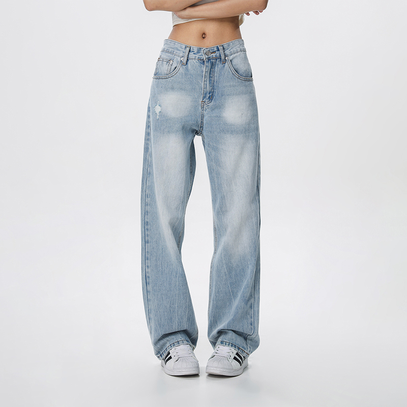 Vintage Wash Distressed Light Blue Straight Leg Jeans for Women | Wide Leg Pants Inspired by 90s American Casual Style Vintage Wash Distressed Light Blue Straight Leg Jeans for Women | Wide Leg Pants Inspired by 90s American Casual Style