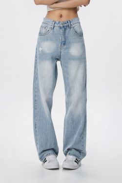 Vintage Wash Distressed Light Blue Straight Leg Jeans for Women | Wide Leg Pants Inspired by 90s American Casual Style