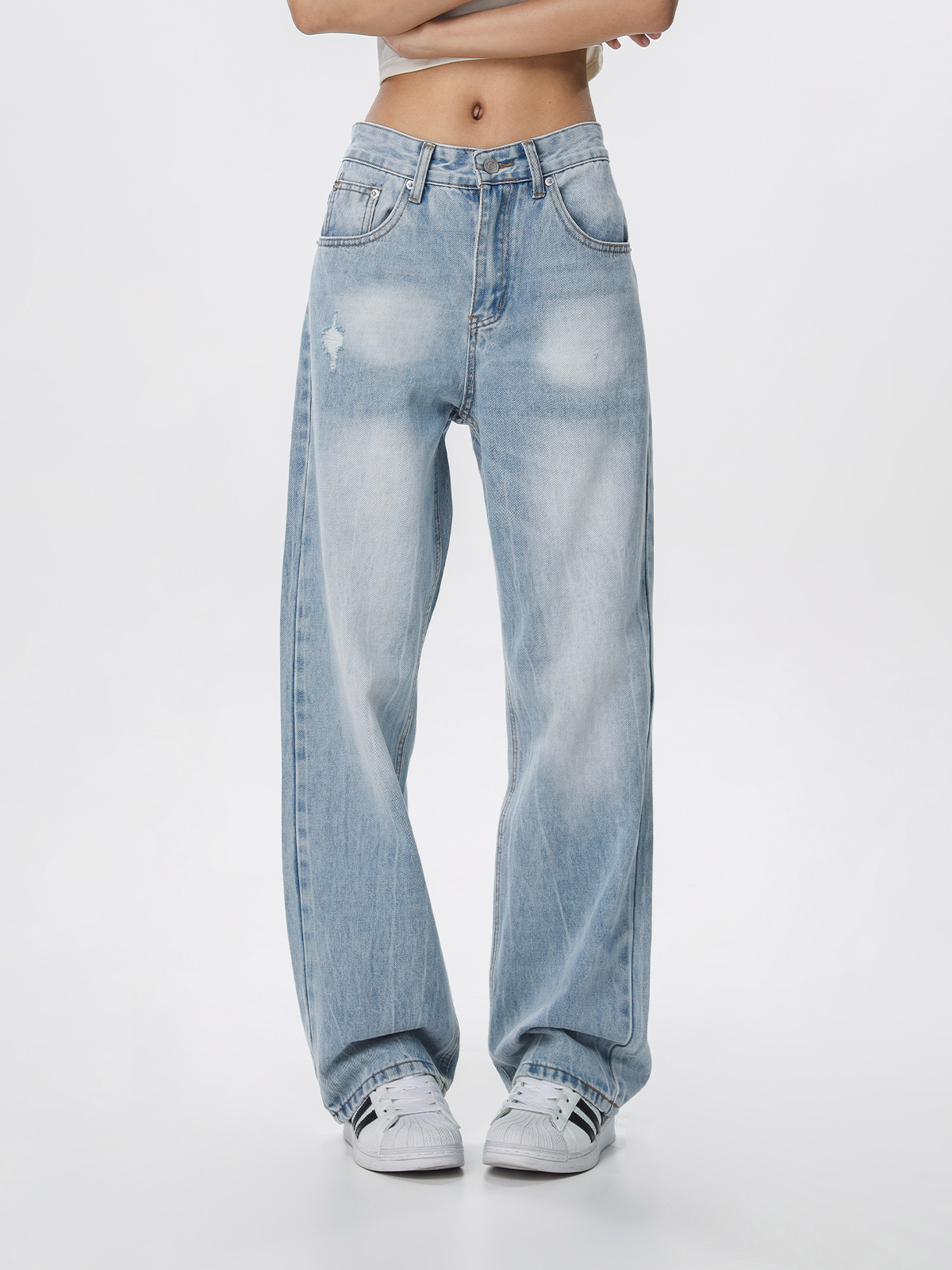 Vintage Wash Distressed Light Blue Straight Leg Jeans for Women | Wide Leg Pants Inspired by 90s American Casual Style Vintage Wash Distressed Light Blue Straight Leg Jeans for Women | Wide Leg Pants Inspired by 90s American Casual Style