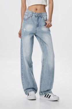 Vintage Wash Distressed Light Blue Straight Leg Jeans for Women | Wide Leg Pants Inspired by 90s American Casual Style
