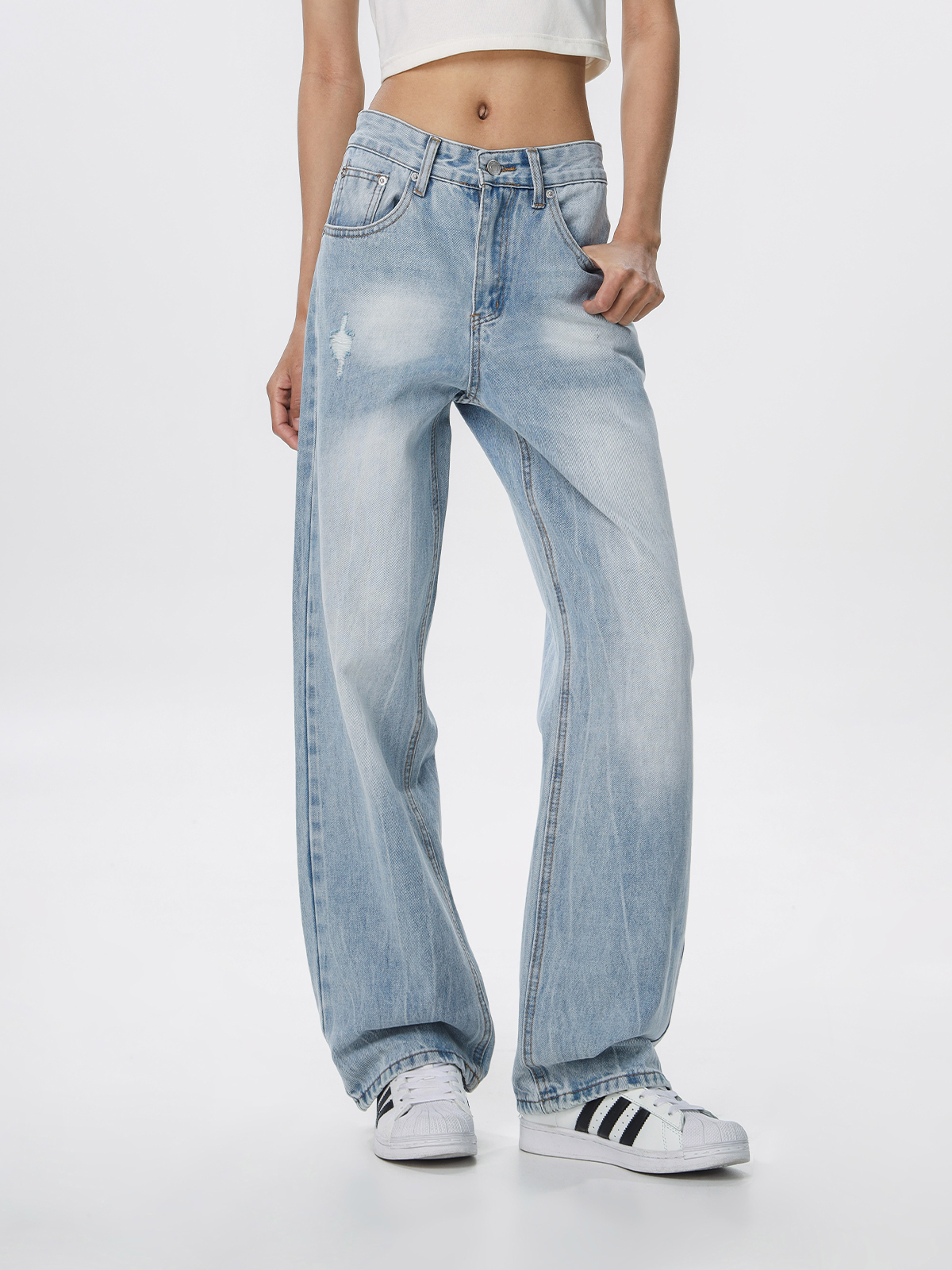 Vintage Wash Distressed Light Blue Straight Leg Jeans for Women | Wide Leg Pants Inspired by 90s American Casual Style Vintage Wash Distressed Light Blue Straight Leg Jeans for Women | Wide Leg Pants Inspired by 90s American Casual Style