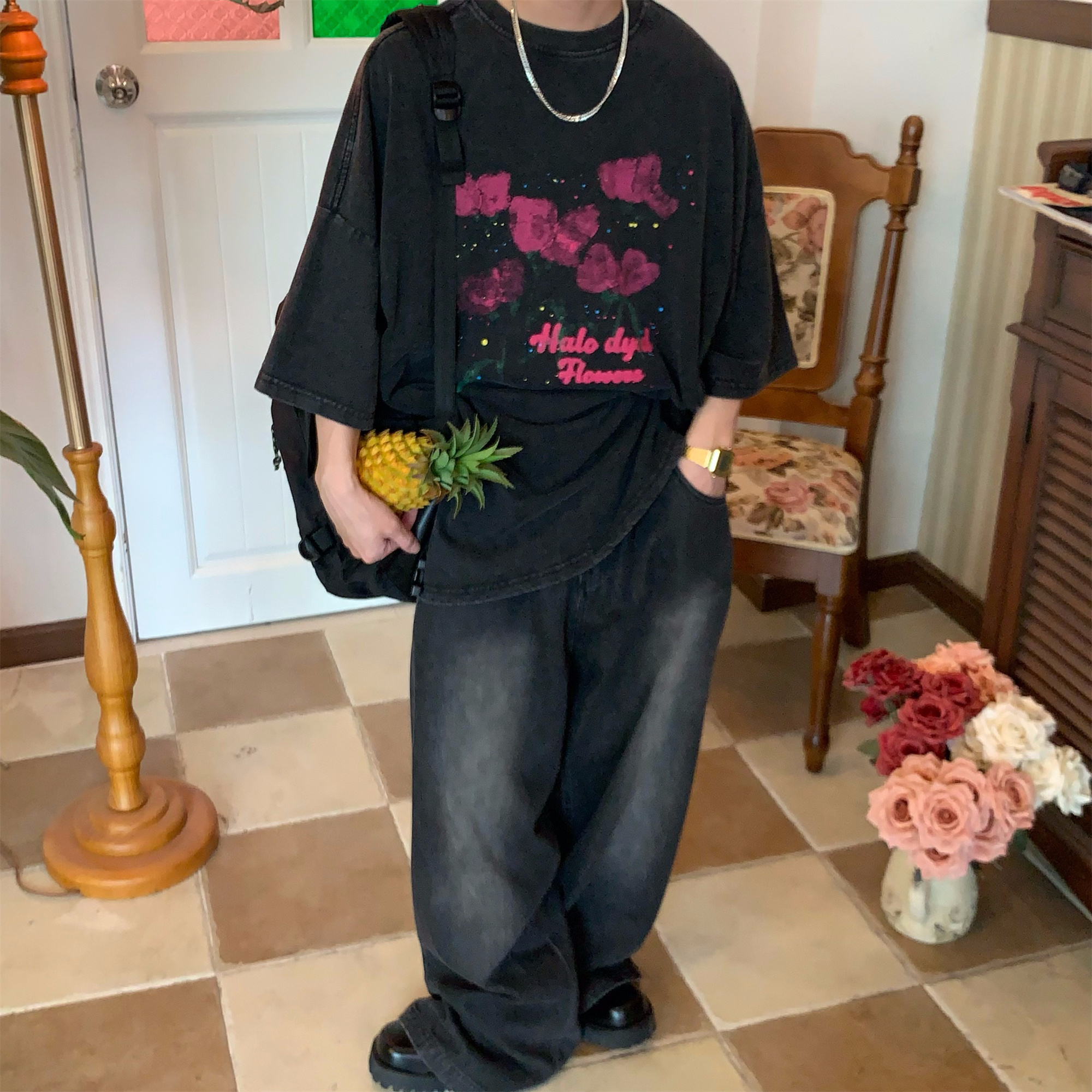 Vintage Wash Dream Print Short Sleeve T-Shirt for Couples - Unisex High Street Summer Tee, Y2K Style Fashion Top Vintage Wash Dream Print Short Sleeve T-Shirt for Couples - Unisex High Street Summer Tee, Y2K Style Fashion Top