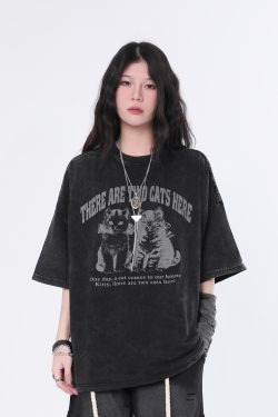 Vintage Washed Black Short Sleeve T-Shirt for Women with Niche Design - 