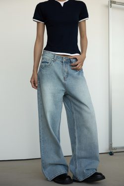 Vintage Washed Blue Denim Jeans for Men and Women - Loose Straight Fit Casual Pants, 90s Style Unisex Jeans