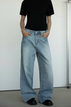 Vintage Washed Blue Denim Jeans for Men and Women - Loose Straight Fit Casual Pants, 90s Style Unisex Jeans