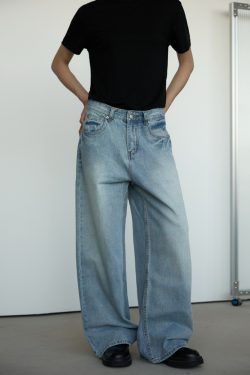 Vintage Washed Blue Denim Jeans for Men and Women - Loose Straight Fit Casual Pants, 90s Style Unisex Jeans