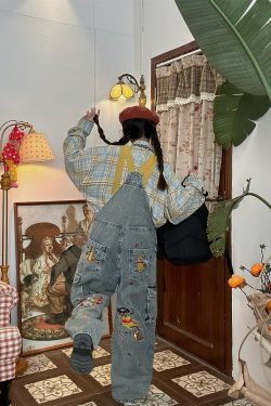 Vintage Washed Blue Denim Overalls Unisex Retro Jumpsuit for a Playful 90s Style Look - Versatile Fashion Essential