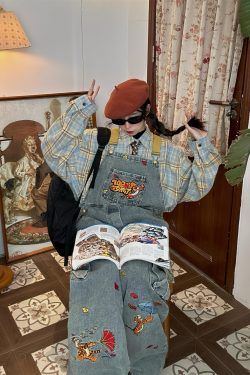 Vintage Washed Blue Denim Overalls Unisex Retro Jumpsuit for a Playful 90s Style Look - Versatile Fashion Essential