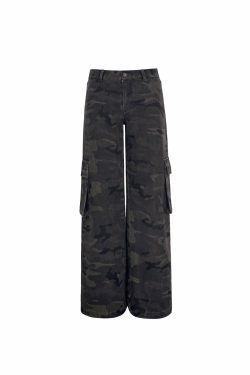 Vintage Washed Camouflage Print Mid-Low Waist Cargo Pants for Men - 90s Style Utility Trousers
