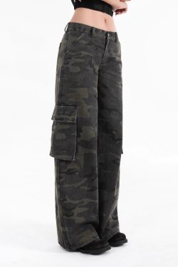 Vintage Washed Camouflage Print Mid-Low Waist Cargo Pants for Men - 90s Style Utility Trousers