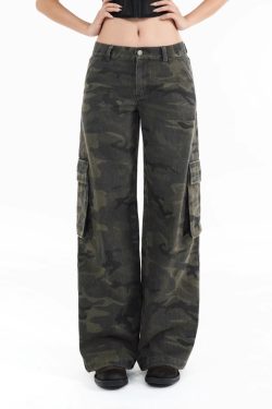 Vintage Washed Camouflage Print Mid-Low Waist Cargo Pants for Men - 90s Style Utility Trousers