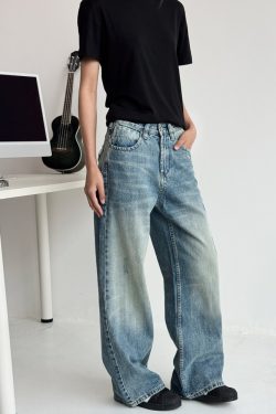 Vintage Washed Denim Pants for Men and Women - Cat Whisker Gradient, Straight Loose Fit, Casual Style, Y2K Inspired Fashion