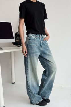 Vintage Washed Denim Pants for Men and Women - Cat Whisker Gradient, Straight Loose Fit, Casual Style, Y2K Inspired Fashion