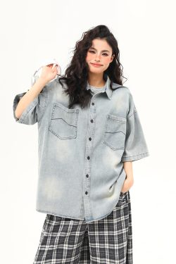 Vintage Washed Denim Short Sleeve Shirt for Women - Trendy Versatile Summer Outerwear in 90s American Style