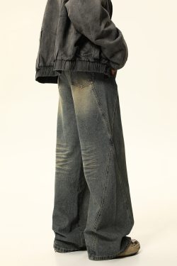 Vintage Washed Denim Wide-Leg Trousers for Women - American Retro Slim Fit Loose Straight Pants for Spring and Summer Fashion