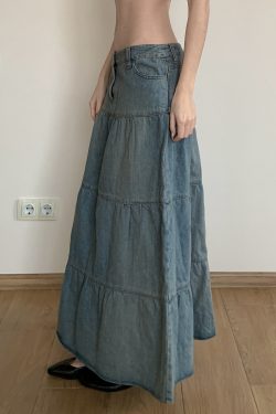 Vintage Washed Distressed Denim Long Skirt for Women, Simple A-Line Midi Skirt in Chill Blue, 90s Inspired Fashion