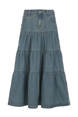 Vintage Washed Distressed Denim Long Skirt for Women, Simple A-Line Midi Skirt in Chill Blue, 90s Inspired Fashion