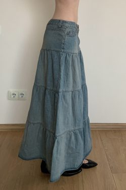 Vintage Washed Distressed Denim Long Skirt for Women, Simple A-Line Midi Skirt in Chill Blue, 90s Inspired Fashion