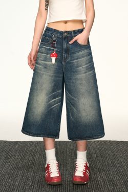 Vintage Washed Distressed Denim Shorts for Women - Loose-Fitting Three-Quarter Straight-Leg Wide-Leg Summer Style