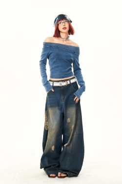 Vintage Washed Ripped Wide-Leg Jeans for Women - High-End Loose Floor-Length Denim Trousers, 90s Inspired Style
