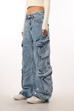 Vintage Washed Wide Pocket Casual Straight-Leg Flared Work Pants for Women - 90s Inspired American Style