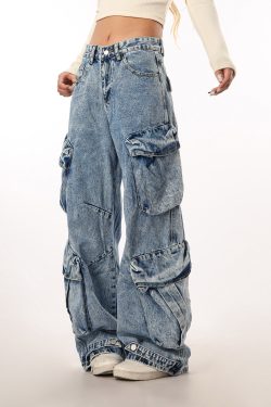 Vintage Washed Wide Pocket Casual Straight-Leg Flared Work Pants for Women - 90s Inspired American Style