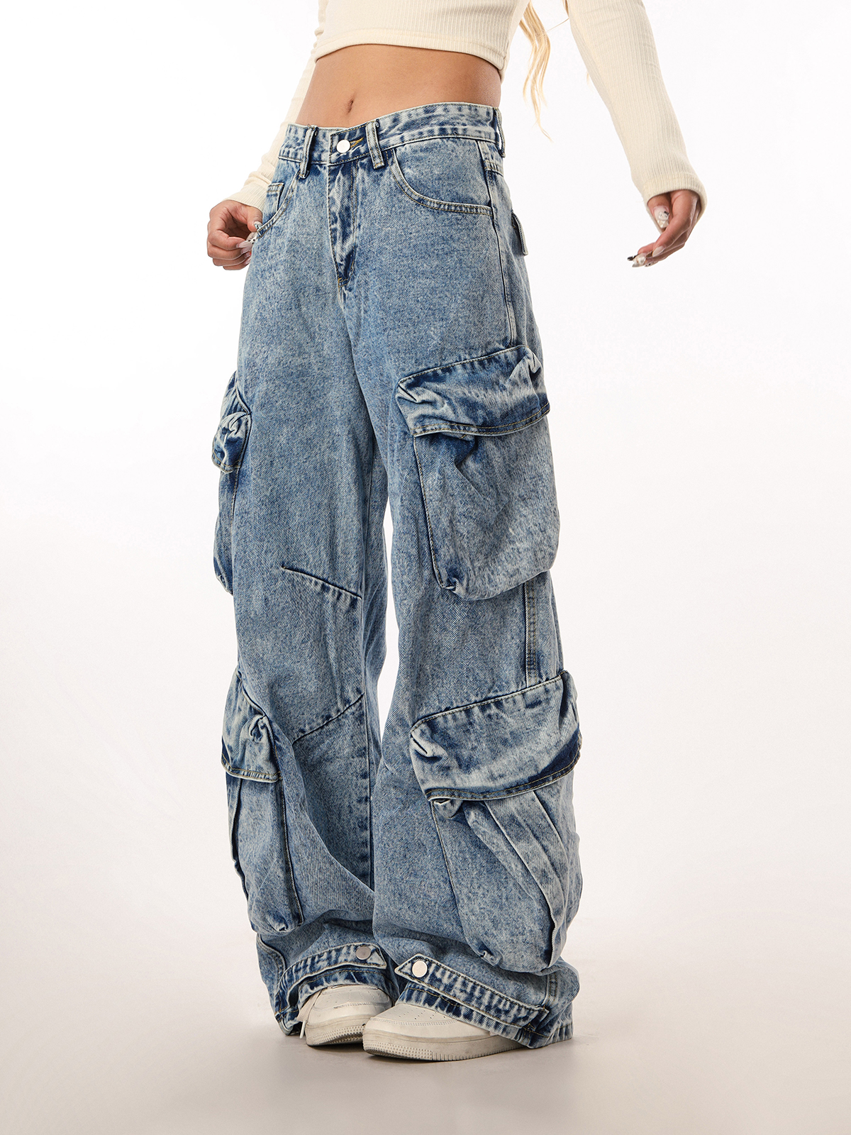 Vintage Washed Wide Pocket Casual Straight-Leg Flared Work Pants for Women - 90s Inspired American Style Vintage Washed Wide Pocket Casual Straight-Leg Flared Work Pants for Women - 90s Inspired American Style