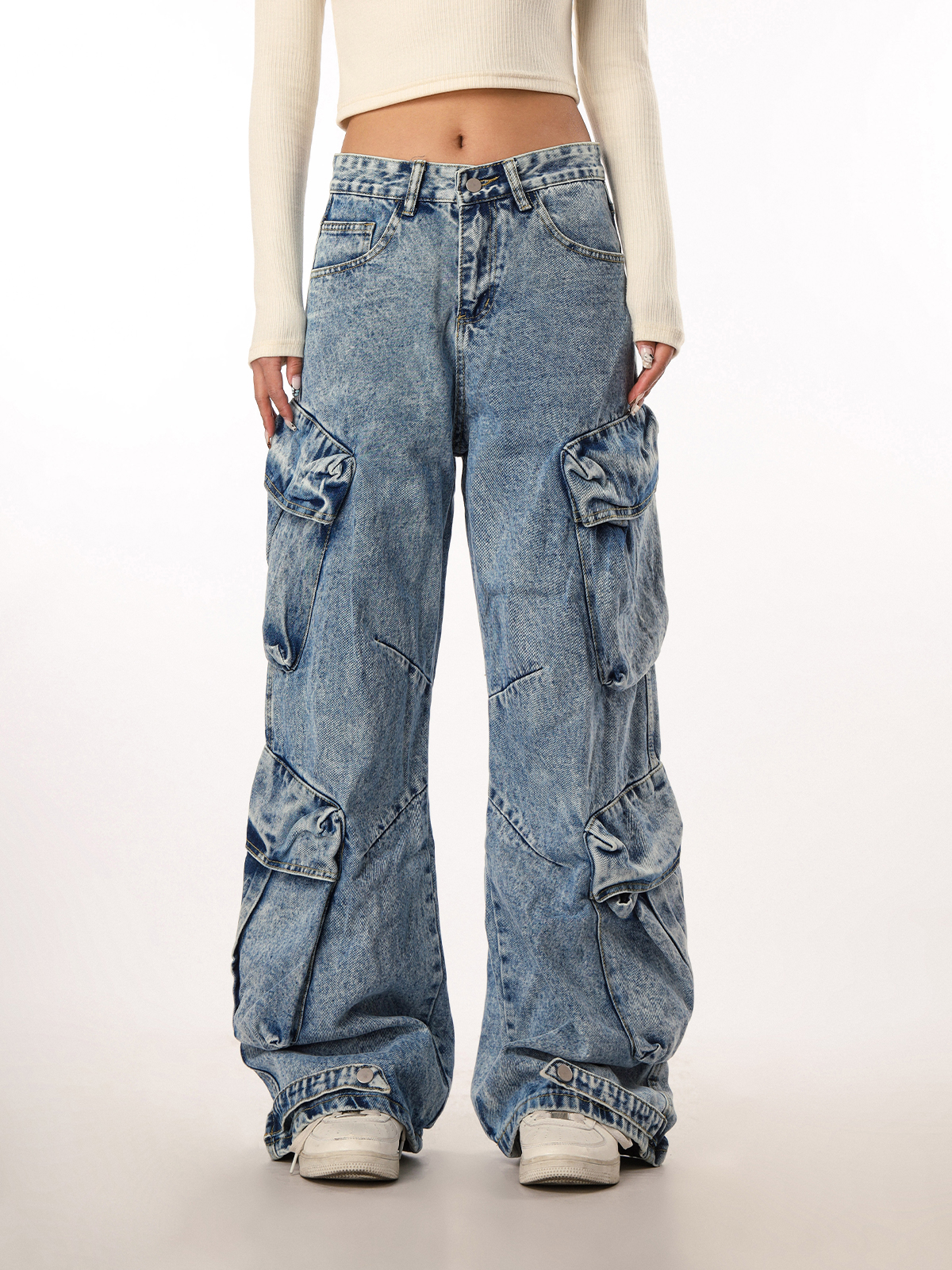 Vintage Washed Wide Pocket Casual Straight-Leg Flared Work Pants for Women - 90s Inspired American Style Vintage Washed Wide Pocket Casual Straight-Leg Flared Work Pants for Women - 90s Inspired American Style