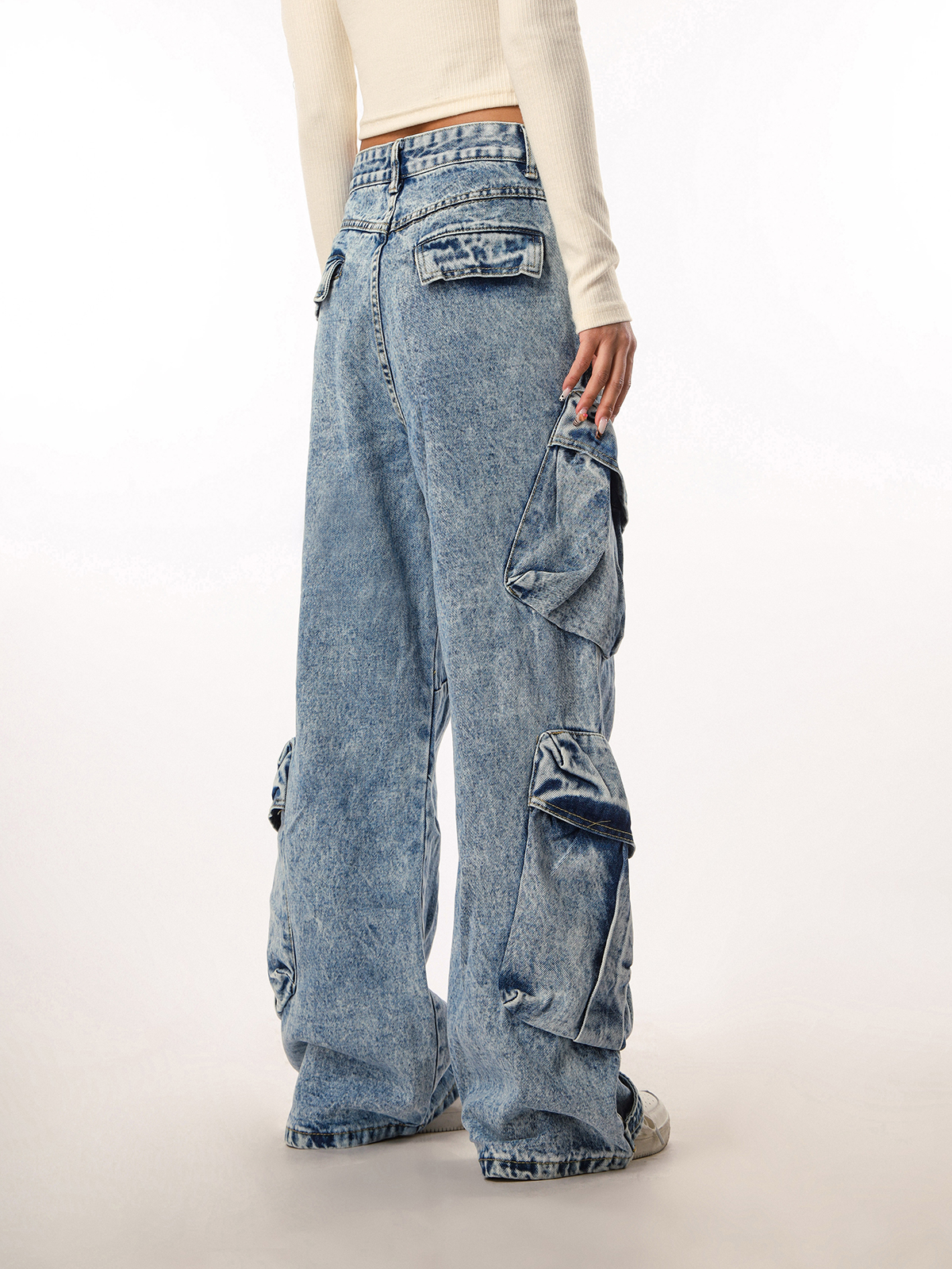 Vintage Washed Wide Pocket Casual Straight-Leg Flared Work Pants for Women - 90s Inspired American Style Vintage Washed Wide Pocket Casual Straight-Leg Flared Work Pants for Women - 90s Inspired American Style