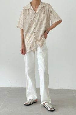 Vintage Wave Pattern Ice Silk Short Sleeve Shirt for Men, Loose Casual Cuban Collar Beach Shirt - Summer Style