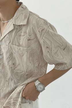 Vintage Wave Pattern Ice Silk Short Sleeve Shirt for Men, Loose Casual Cuban Collar Beach Shirt - Summer Style