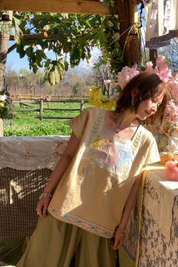 Vintage Wheat Field Dream Embroidered Linen Cotton Short Sleeve Square Neck Top Women's Summer T-Shirt Blouse Y2K Style