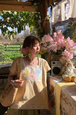 Vintage Wheat Field Dream Embroidered Linen Cotton Short Sleeve Square Neck Top Women's Summer T-Shirt Blouse Y2K Style