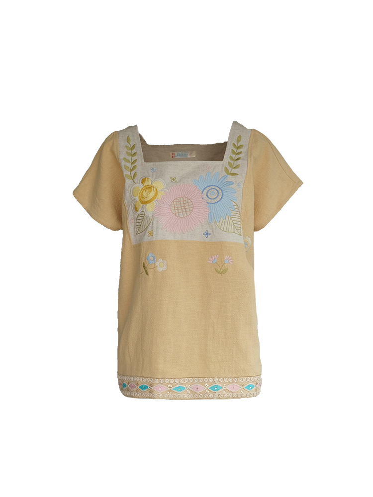 Vintage Wheat Field Dream Embroidered Linen Cotton Short Sleeve Square Neck Top Women's Summer T-Shirt Blouse Y2K Style Vintage Wheat Field Dream Embroidered Linen Cotton Short Sleeve Square Neck Top Women's Summer T-Shirt Blouse Y2K Style