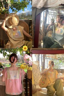 Vintage Wheat Field Dream Embroidered Linen Cotton Short Sleeve Square Neck Top Women's Summer T-Shirt Blouse Y2K Style