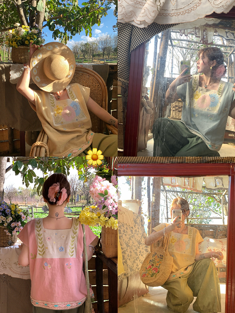 Vintage Wheat Field Dream Embroidered Linen Cotton Short Sleeve Square Neck Top Women's Summer T-Shirt Blouse Y2K Style Vintage Wheat Field Dream Embroidered Linen Cotton Short Sleeve Square Neck Top Women's Summer T-Shirt Blouse Y2K Style