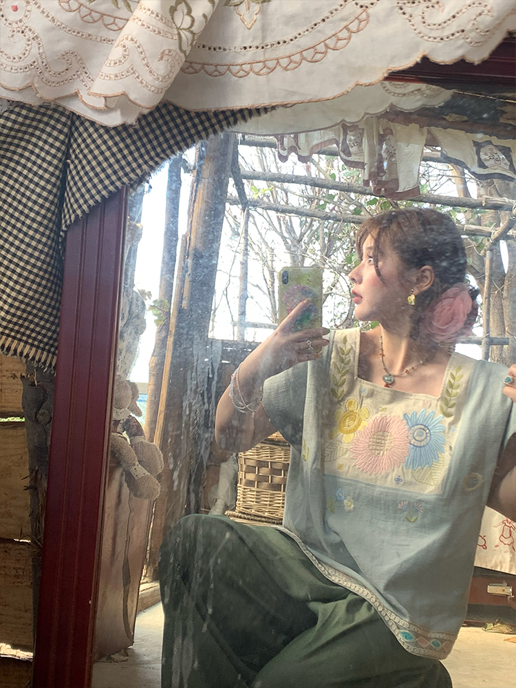 Vintage Wheat Field Dream Embroidered Linen Cotton Short Sleeve Square Neck Top Women's Summer T-Shirt Blouse Y2K Style Vintage Wheat Field Dream Embroidered Linen Cotton Short Sleeve Square Neck Top Women's Summer T-Shirt Blouse Y2K Style