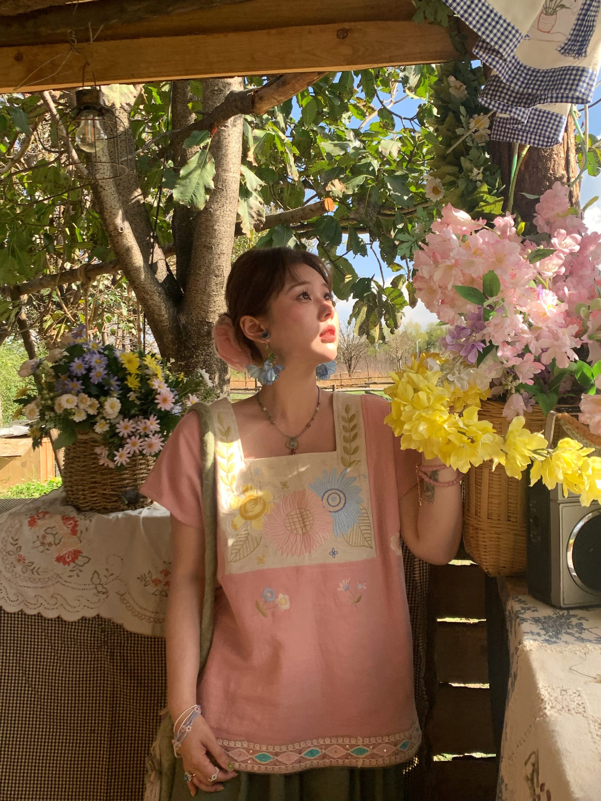 Vintage Wheat Field Dream Embroidered Linen Cotton Short Sleeve Square Neck Top Women's Summer T-Shirt Blouse Y2K Style Vintage Wheat Field Dream Embroidered Linen Cotton Short Sleeve Square Neck Top Women's Summer T-Shirt Blouse Y2K Style