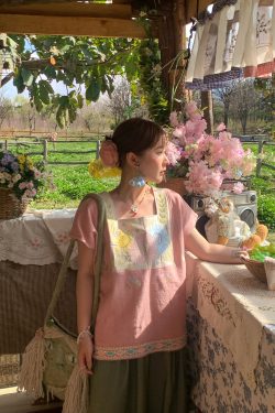 Vintage Wheat Field Dream Embroidered Linen Cotton Short Sleeve Square Neck Top Women's Summer T-Shirt Blouse Y2K Style