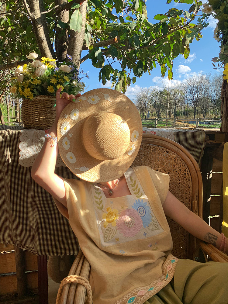 Vintage Wheat Field Dream Embroidered Linen Cotton Short Sleeve Square Neck Top Women's Summer T-Shirt Blouse Y2K Style Vintage Wheat Field Dream Embroidered Linen Cotton Short Sleeve Square Neck Top Women's Summer T-Shirt Blouse Y2K Style